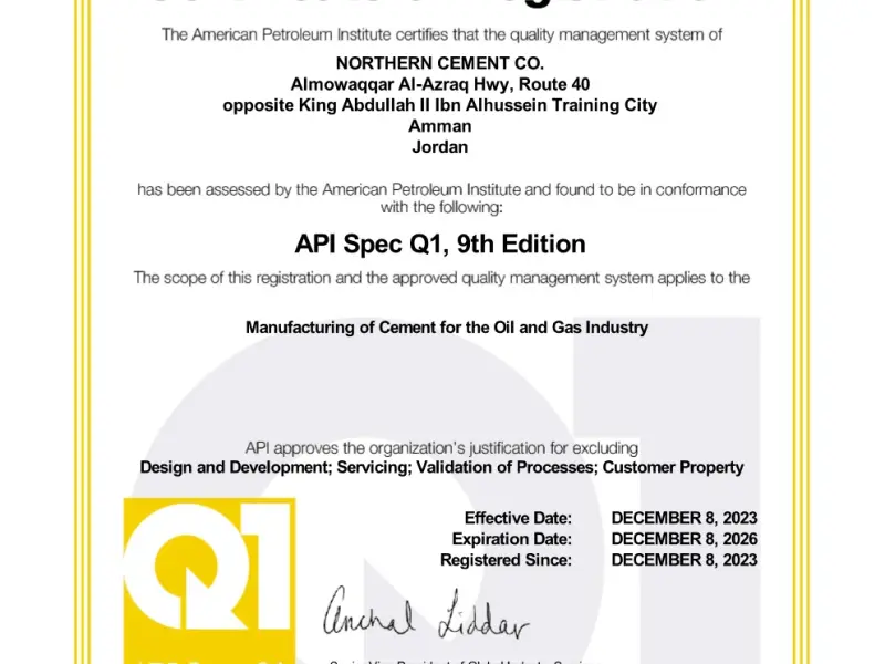 Northern Cement Company was granted an oil well cement certificate